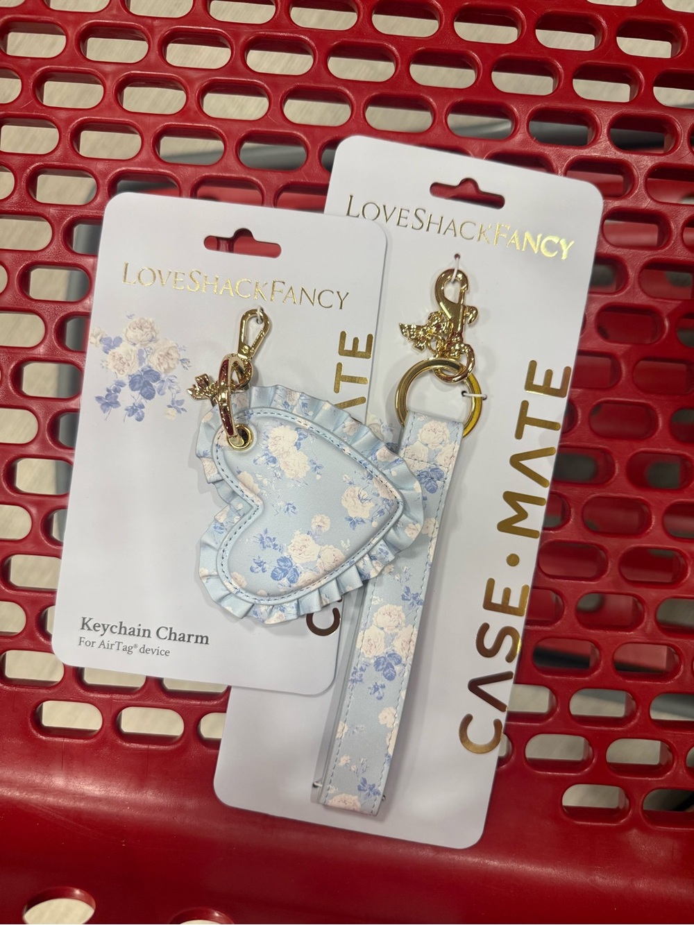 LoveShackFancy Pastel Blue Floral Heart Keyring with Strap
